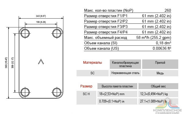 Габаритный чертёж и параметры паяного пластинчатого теплообменника SWEP AB65